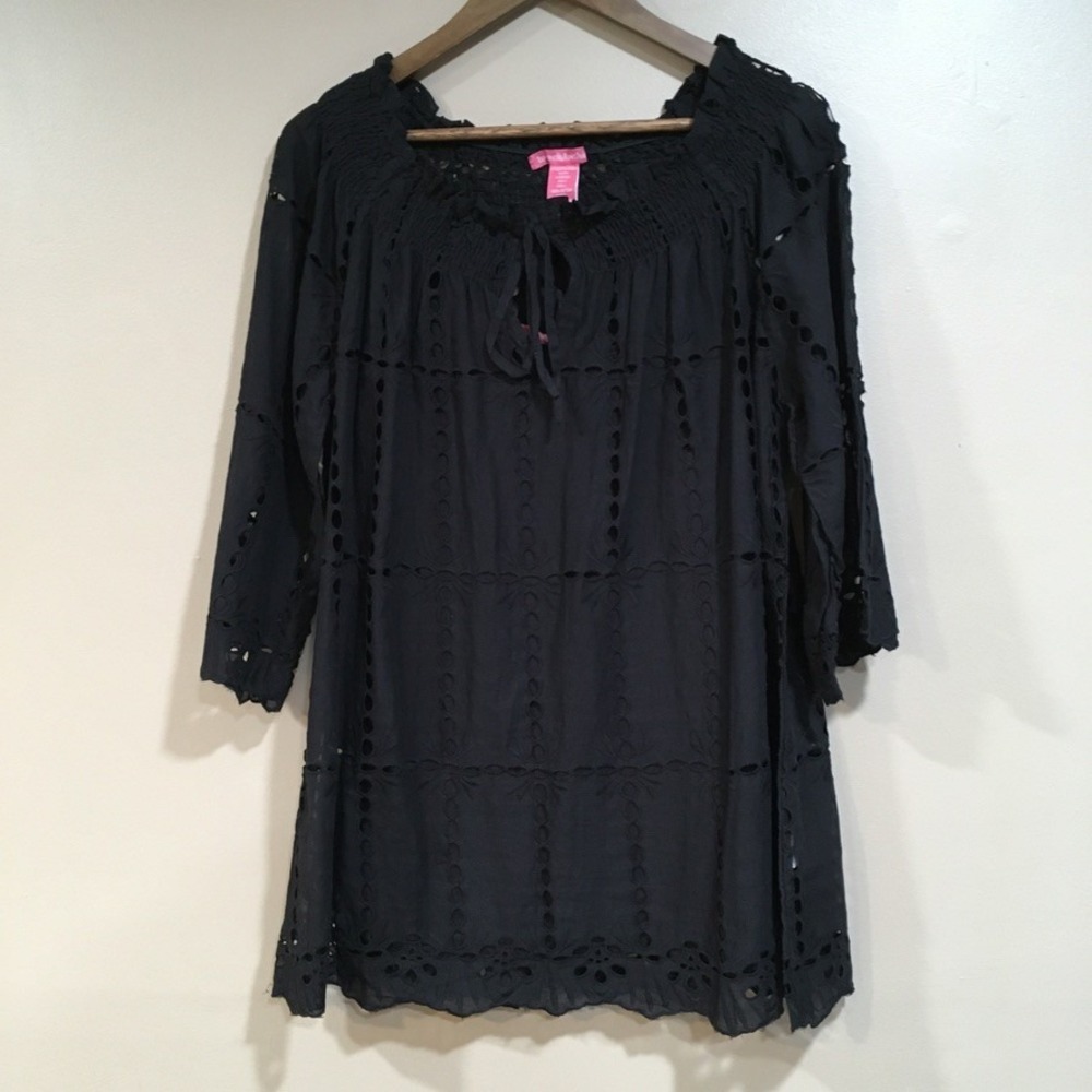 Woman Within Eyelet Tunic Top + Cami Womens L Black Peasant Whimsigoth Witchy